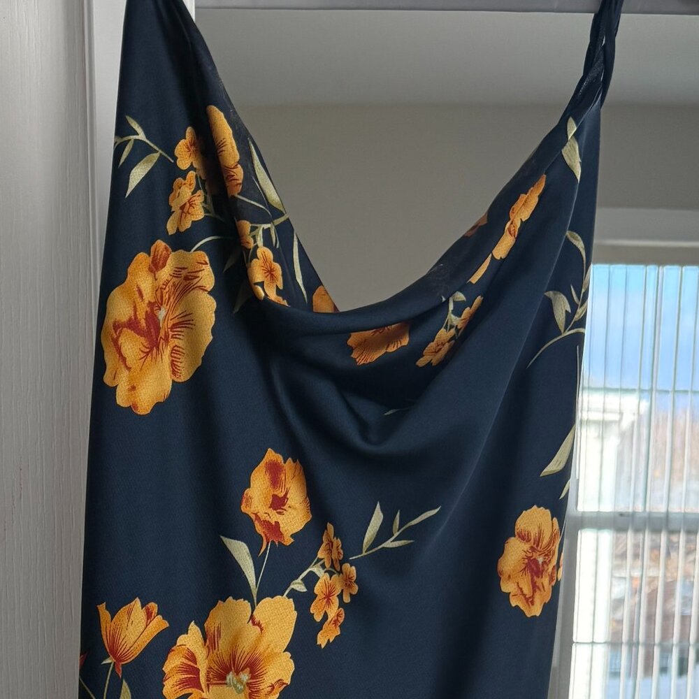 Astr Navy Slip Midi Dress with Mustard Floral Print